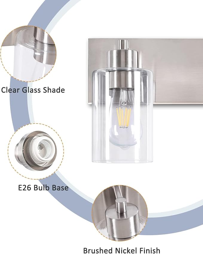 Bathroom Light Fixtures, 2-Light Brushed Nickel Bathroom Vanity Light, Modern Wall Sconces with Clear Glass Shade for Hallway Kitchen Foyer