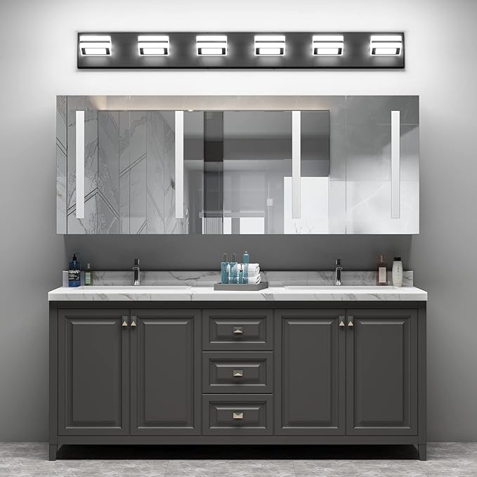 Ralbay Modern LED Black Vanity Light 5 Lights Modern LED Bathroom Vanity Lights Over Long Mirror Acrylic Up and Down Matte Black Bath Wall Lighting Fixtures