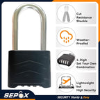 SEPOX 10PCS Large Combination Padlock, Long Shackle Outdoor Combo Lock 2.2" 55mm Heavy Duty Weatherproof, Ressetable 4Digital, Security Aluminum Body,Uncuttable Shackle, for Home, School, Gate, Garden