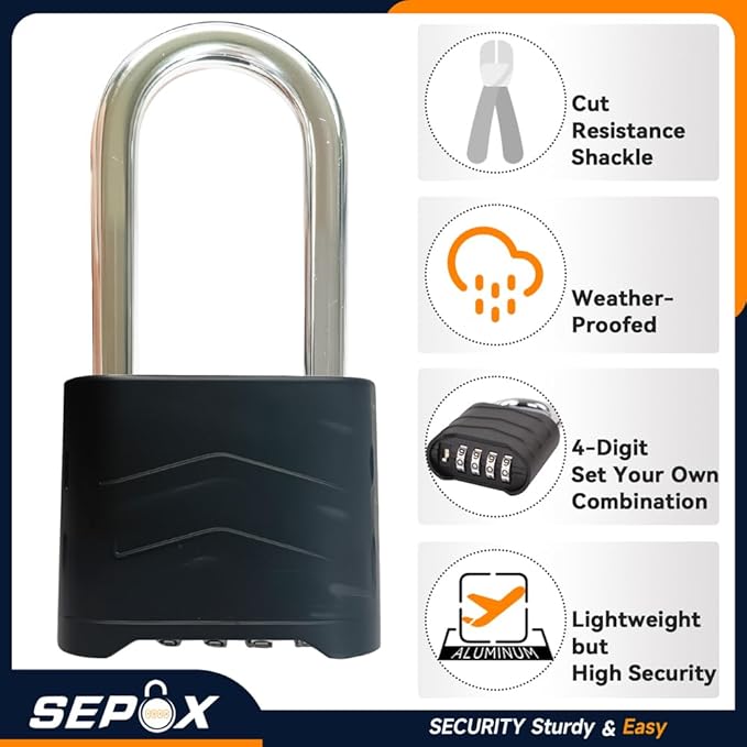 SEPOX 2PCS Large Combination Padlock, 2-5/8" Extra Long Shackle, Outdoor Combo Lock 2.2" 55mm Aluminum Body, Weatherproof, Ressetable 4Digital, Uncuttable Shackle, for Home, School, Gate, Garden