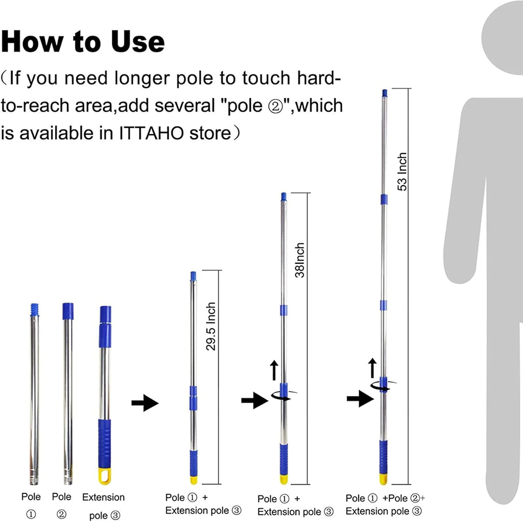 ITTAHO Window Washing Kit with Extension Pole, 10" Squeegee & 11" Microfiber Scrubber Combi with Stainless Steel Pole, Window Cleaner for Car, Sliding Door,Shower Glass Door-Swivel Style-2 Pads