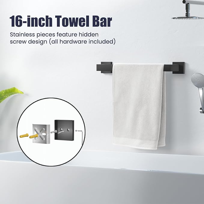 Bathroom Hardware Accessories Set: 12-Pieces Bath Towel Bar Set, Towel Racks for Bathroom Wall Mounted, SUS304 Stainless Steel, Matte Black