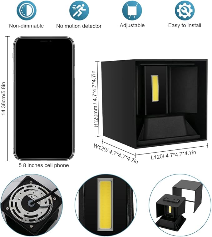 20W Outdoor Wall Light 6500K Up and Down Square LED Modern Wall Sconce Adjustable Black Porch Light IP65 Waterproof Aluminum Exterior Fixture for,Stair,Garage,Patio,Garden (4 Pack)