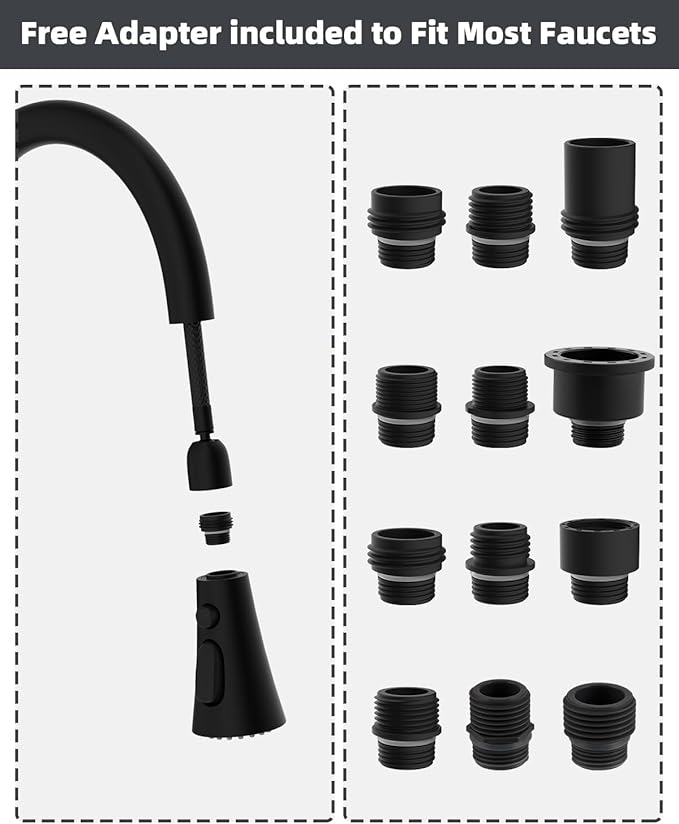 Hibbent 3-Function Pull Down Kitchen Faucet Head Replacement with 12 Adapters, NSF/ANSI/CAN 61 & CUPC Certified Sink Spray Nozzle, Compatible with Moen, Delta, Kohler Faucets, Matte black