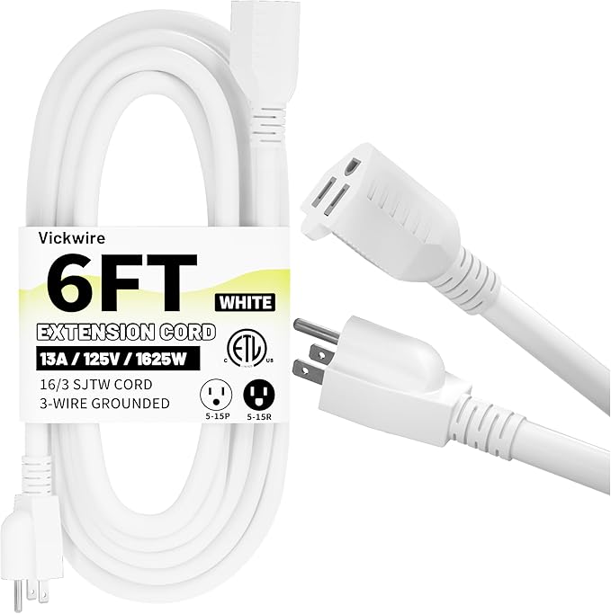 16/3 White Indoor Outdoor Extension Cord 6 Ft Waterproof, Heavy Duty Extension Cord with 3 Prong Grounded Plug,13A 1625W 16AWG SJTW, Flexible Weatherproof Power Cable
