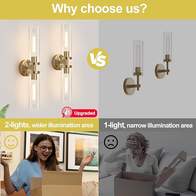 Wall Sconces Set of Two, Hardwired Brass Bathroom Sconces Wall Lighting with Clear Glass, Modern Sconces Wall Decor Set of 2 Vanity Light fixtures for Bathroom Mirror Bedroom (Bulbs Not Included)