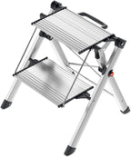 Hailo MK80 Mini Steel Step Stool - Two Large Anti-Slip Steps, 330 lb Capacity - Safety Release Button, Carry Handle - Easy Storage - Silver