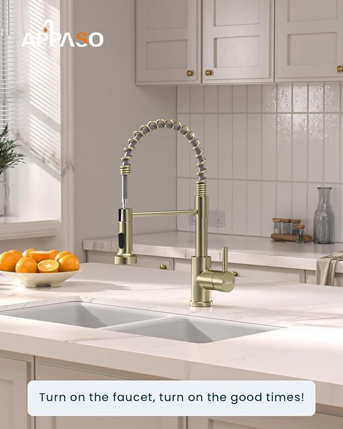 APPASO Gold Kitchen Faucet, Brushed Gold with Pull Down Sprayer and Soap Dispenser, Commercial Kitchen Sink Faucet Stainless Steel