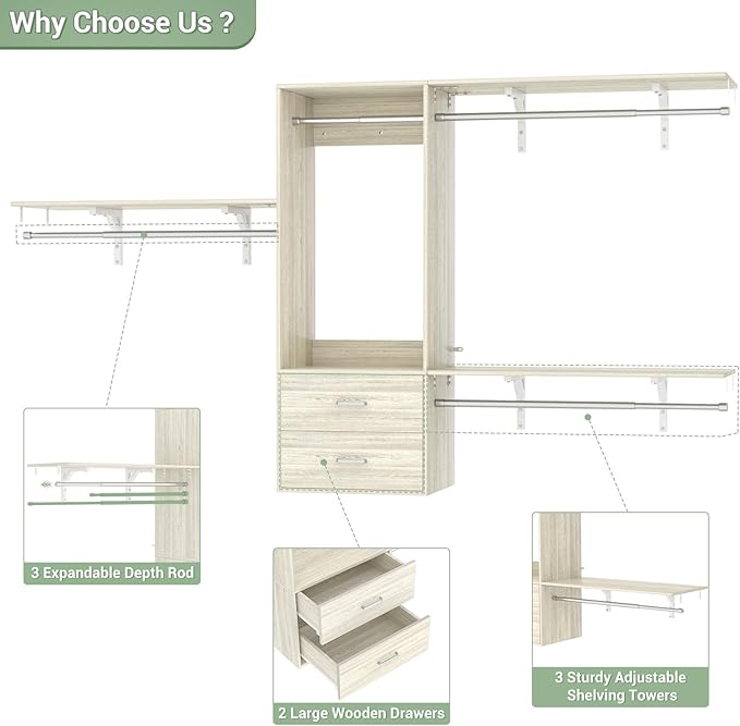 Cyclysio 8 FT Hanging Closet Organizer, 96 Inch Closet Organizer and Storage with 4 Adjustable Rods and 3 Shelving Towers, Wardrobe with Drawers for 4-8FT Spaces(Cut-to-Fit), Oak