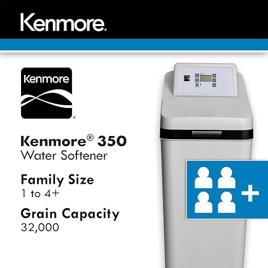 Kenmore 350 Water Softener System – 32,000 Grain Capacity Whole House Hard Water & Iron Reduction – Compact, Easy to Install, Salt Saving Technology