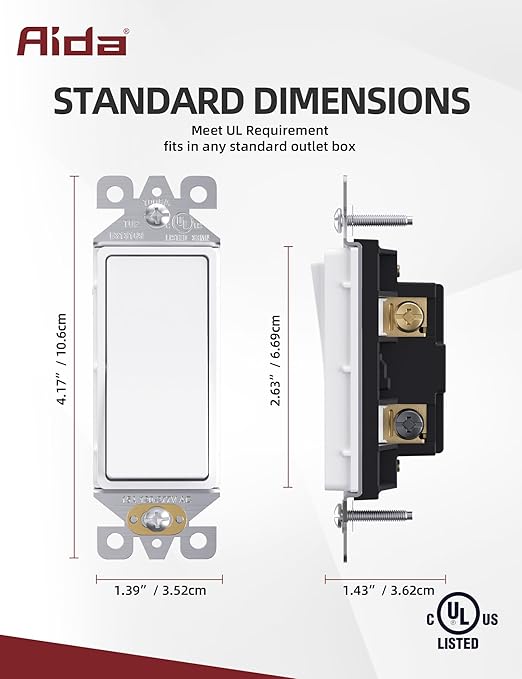 AIDA 3 Way Decorative Light Switch Wall Plate, Electric Switches,15Amp, 120/277 Volt, 3 Way Rocker Switch, Self-Grounding, Residential and Commercial Grade, UL Listed (50, Matte White)