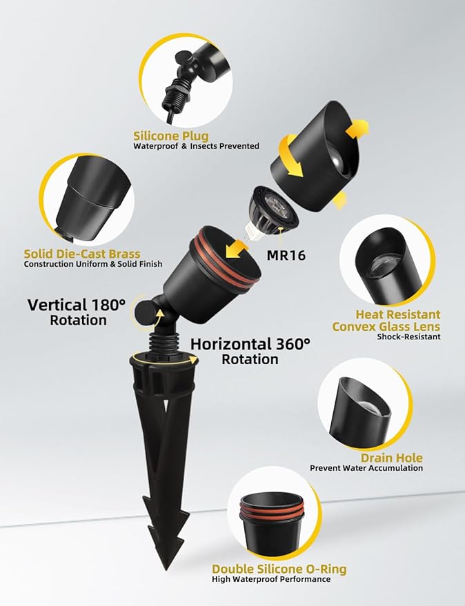 COLOER Brass Low Voltage Landscape Spotlight(Black) 6-Pack with 5W Aluminum Housing MR16 LED Bulb 2700K 450LM CRI85+,12V AC/DC Outdoor Uplighting, Directional Garden Patio Spot Up Light(101B-Black)