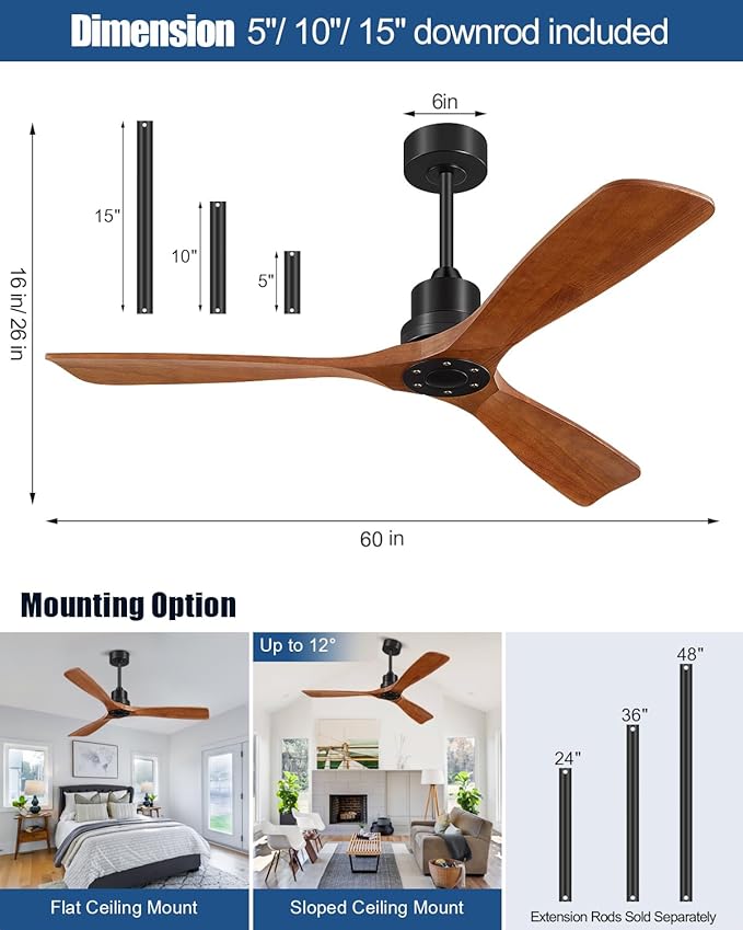 60 Inch Ceiling Fan No Light, Outdoor Ceiling Fan with Remote, 3 Downrods, 3 Wood Blades, Timer, 6 Speeds Indoor Modern Ceiling Fans Without Lights Noiseless Reversible DC Motor for Patios Bedroom