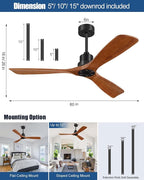 60 Inch Ceiling Fan No Light, Outdoor Ceiling Fan with Remote, 3 Downrods, 3 Wood Blades, Timer, 6 Speeds Indoor Modern Ceiling Fans Without Lights Noiseless Reversible DC Motor for Patios Bedroom