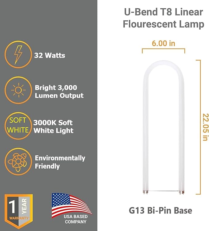 Diodesy- U-Bend T8 Fluorescent Tube Light Bulb 32W 3000 Lumens 3000K Soft White G13 Miniature Bi-Pin Base Rohs Compliant Pack of 12- U Shaped Linear Replacement Lamp