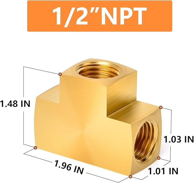 GASHER 1 Pcs Brass Barstock Tee, 1/2" x 1/2" x 1/2" NPT Female Pipe Fittings