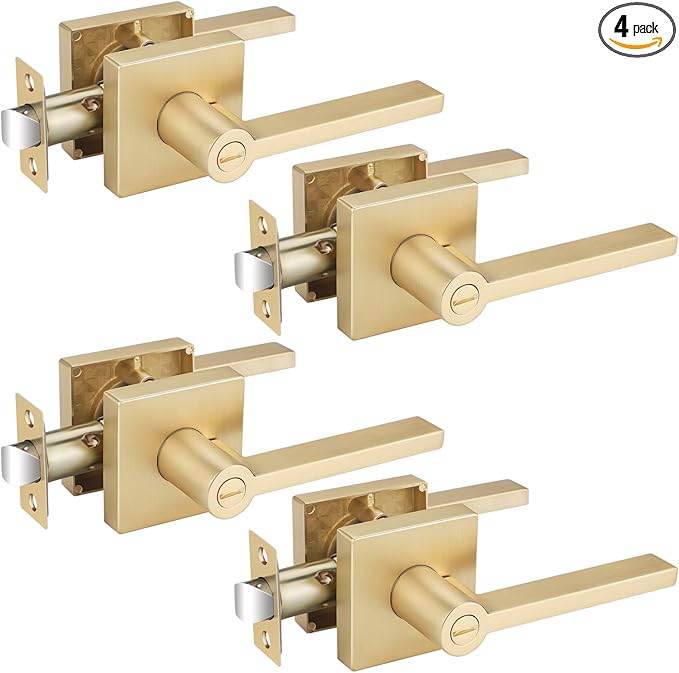 EHOMEWARE 4 Pack Privacy Door Levers, Gold Interior Door Handles for Bedroom or Bathroom, Keyless Heavy Duty Interior Door Knob, Zinc Alloy Modern Door Hardware & Locks