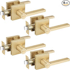 EHOMEWARE 4 Pack Privacy Door Levers, Gold Interior Door Handles for Bedroom or Bathroom, Keyless Heavy Duty Interior Door Knob, Zinc Alloy Modern Door Hardware & Locks