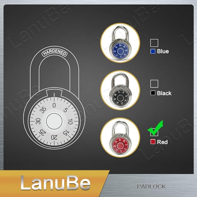 LanuBe Standard Dial Combination Lock, 2 in. Wide, with Different Combinations, Red Turnplate, Pack of 16; Lock for School, Employee, Gym Sports Locker, Case, Toolbox