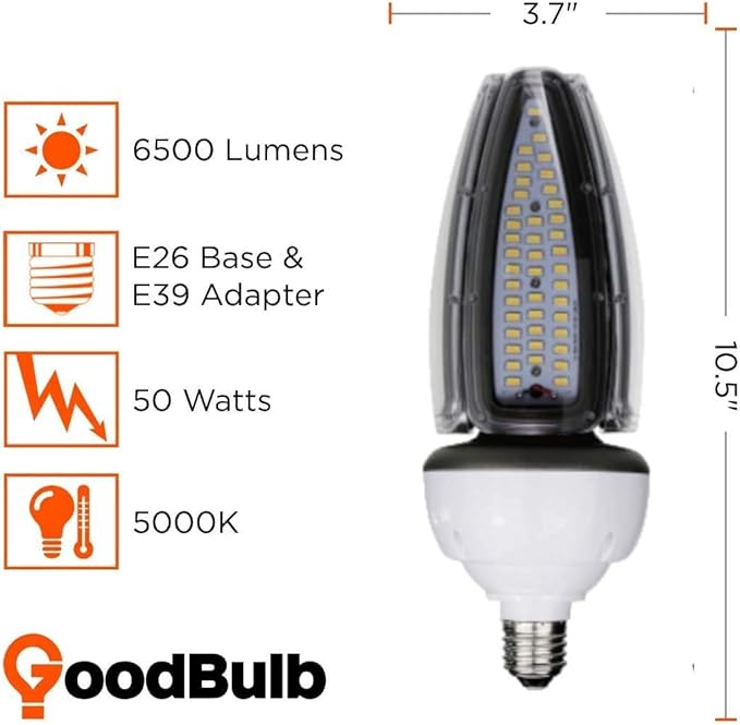 GoodBulb 50W Acorn Light Retrofit LED Light Bulb High Output 6500 Lumens E26 Base & E39 Base Adapter 5000K Daylight White Color Car Dealership Lighting