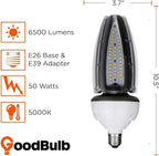 GoodBulb 50W Acorn Light Retrofit LED Light Bulb High Output 6500 Lumens E26 Base & E39 Base Adapter 5000K Daylight White Color Car Dealership Lighting
