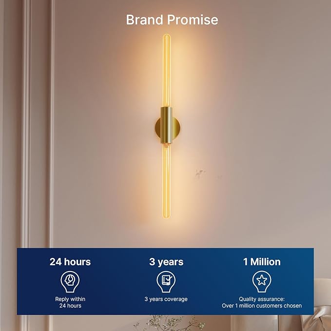 FLSNT 2 Light Modern Brushed Gold Wall Sconce with E26 Sockets, Includes 4W Dimmable Gold-Tinted T30 Bulbs, 2200K Warm Amber Glow, 90CRI, Steel Construction, Vintage Wall Light for Living Room