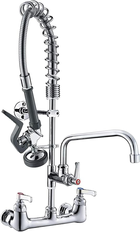 Commercial Wall Mount Kitchen Sink Faucet Brass Constructed Polished Chrome Pre-Rinse Device 25" Height 8" Center with Spring Pull Down Sprayer and 12" Add-on Spout (25 inches)