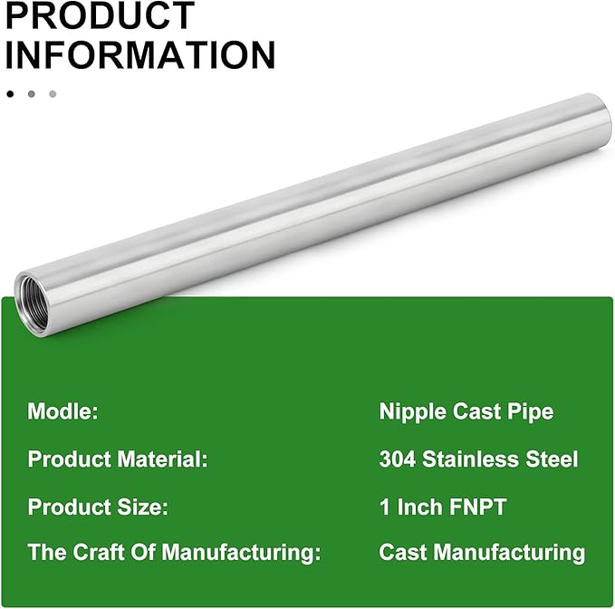 TAISHER 2PCS Stainless Steel Pipe Fittings, 1" NPT x 1" NPT Female Threaded, 12" Length Nipple Cast Pipe