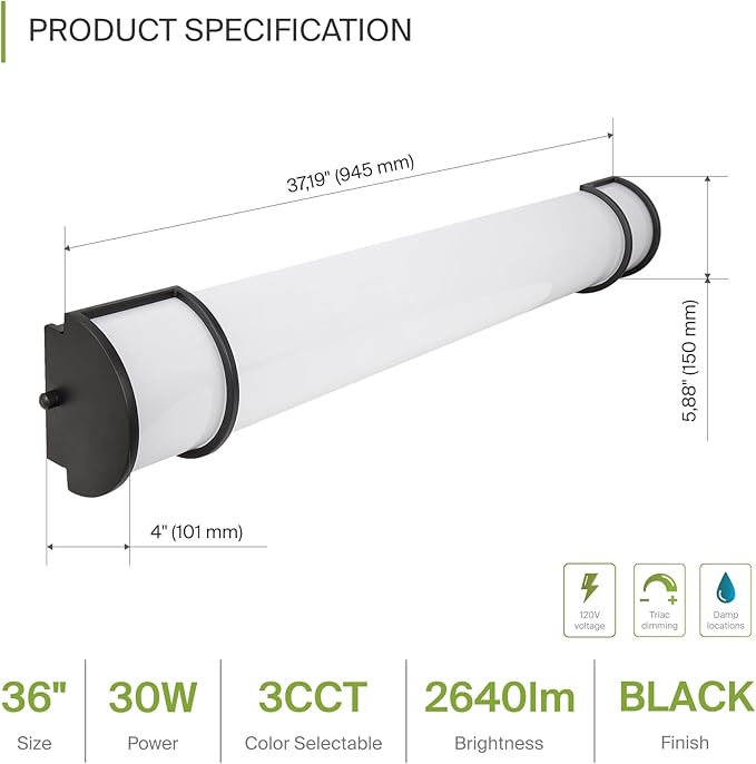 ASD LED 36" Vanity Flush Mount Light Fixture, Linear Bathroom Lighting Bar | 3CCT, Dimmable, Energy Star, ETL Listed | 30W 2650LM 3000-5000K 120V | Long Tube Bath Wall Sconce Over Mirror | Black