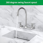 8 Inch Center Wall Mounted Kitchen Faucet, Commercial Sink Faucet with 6" Gooseneck Swivel Spout 2 Handle Utility Faucet for Home Restaurant Compartment Sink