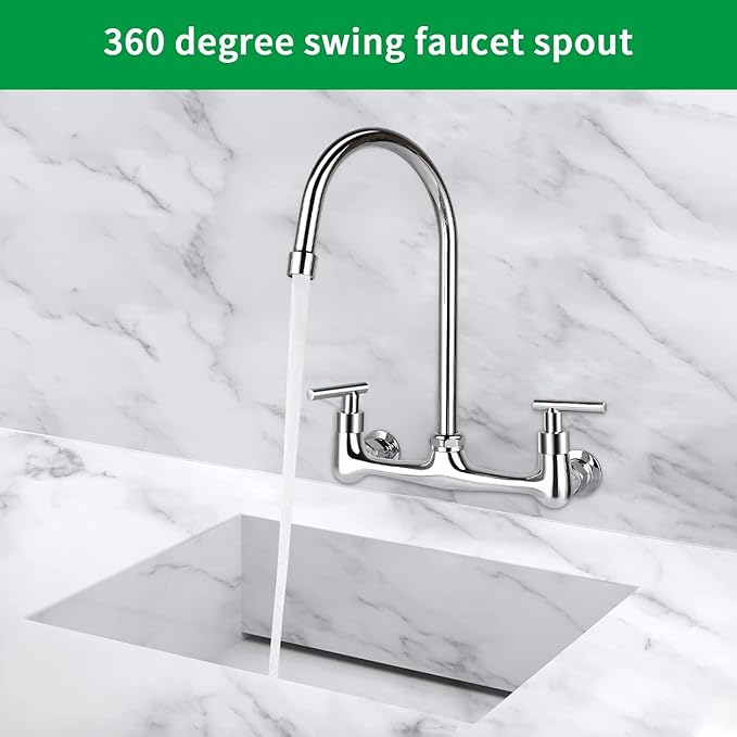 8 Inch Center Wall Mounted Kitchen Faucet, Commercial Sink Faucet with 6" Gooseneck Swivel Spout 2 Handle Utility Faucet for Home Restaurant Compartment Sink