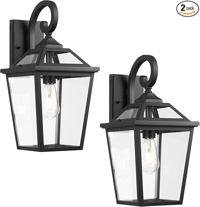 Outdoor Lanterns, Black Exterior Light Fixtures Mounted with Clear Glass, 18 Inch Tall Outdoor Wall Sconces Lamp for House, Doorway, Garage, Patio, 2 Pack