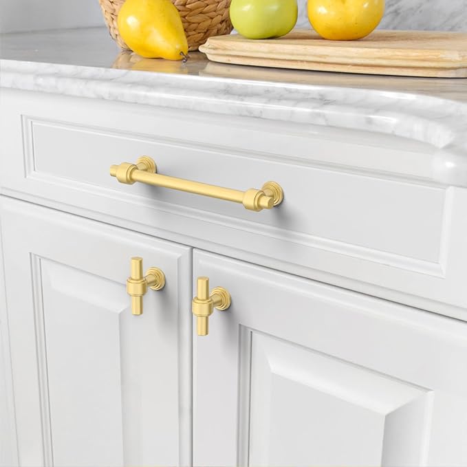 Amerdeco 10 Pack Brushed Gold Cabinet Pulls 5 Inch(128mm) Hole Center Drawer Pulls Cabinet Hardware Kitchen Cabinet Handles for Bathroom Dresser Pulls ZH0069