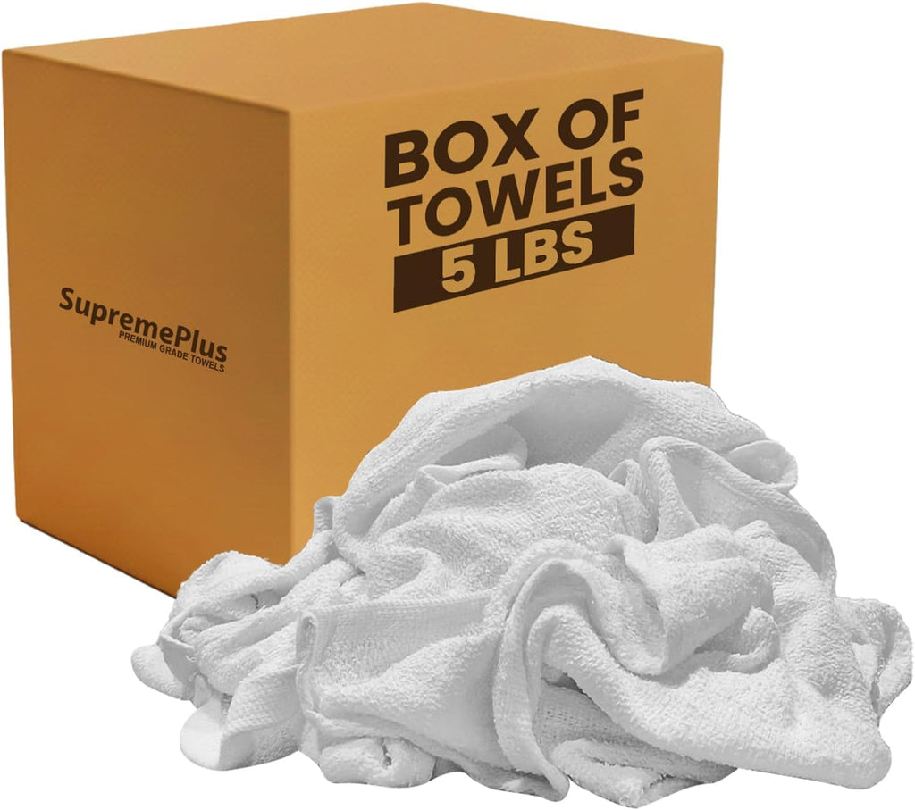 Premium Terry Towels for Cleaning - 5 lbs. Box, 20”x20” - 100% Cotton Towels Cleaning Rags - Multipurpose White Terry Cloth Rags for Garage, Shop, Auto, Home & Janitorial Use