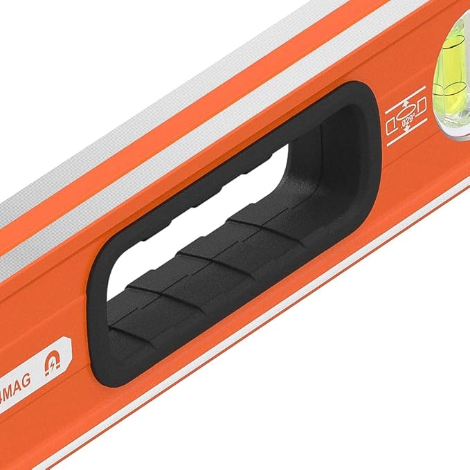 Klein Tools 93524MAG 24-Inch Box Level, Magnetic Box Beam Bubble Level, 3 Vials, High Visibility Orange, Aluminum Body, V-Groove and Magnet Track