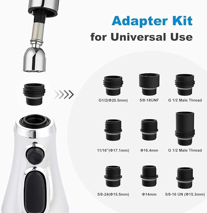 Hibbent Pull Down Spray Head for Kitchen Faucet, 3-Function Kitchen Sink Spray Nozzle with 15 Adapters, Faucet Head Replacement Compatible with Moen, American Standard, Delta, Kohler Faucets, Chrome