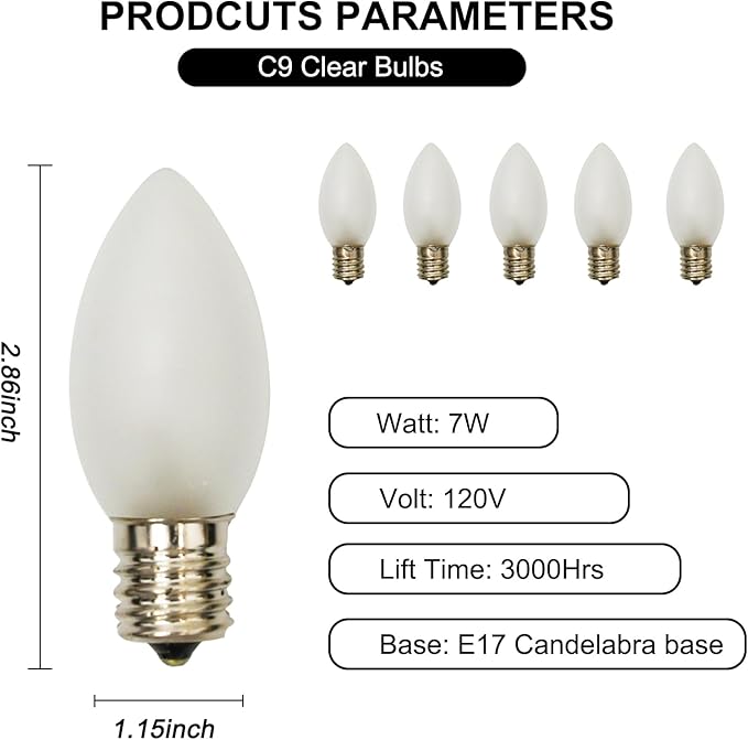 25 Pack C9 Frosted White Christmas Light Bulbs,C9 Incandescent Glass Bulbs for Outdoor Indoor String Light,C9/E17 Candelabra Base 7 Watt Great for Night Light and Christmas Decorations