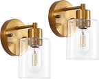 Brushed Gold Wall Sconce, Gold Vanity Light Modernbathroom Light fixtures with Clear Glass Shade Entrance Lamp Hallway Living Room Mount Bathroom Fixtures for Mirror (2PACK)