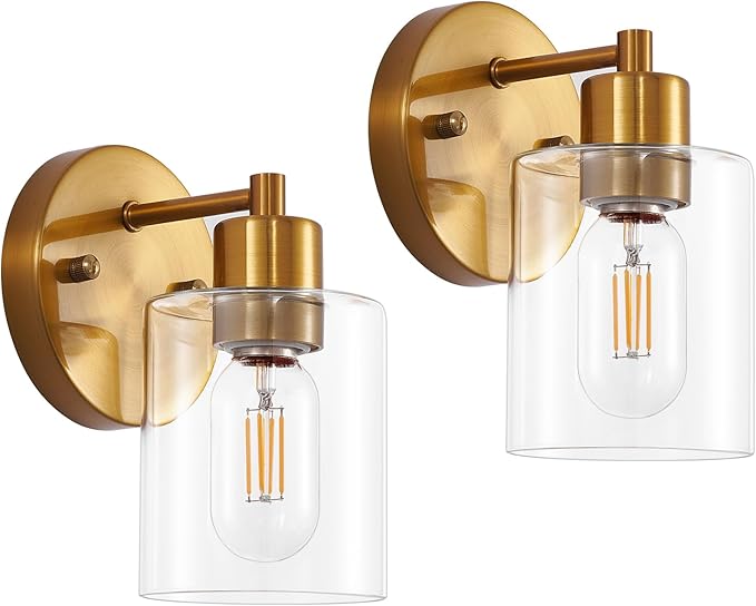 Brushed Gold Wall Sconce, Gold Vanity Light Modernbathroom Light fixtures with Clear Glass Shade Entrance Lamp Hallway Living Room Mount Bathroom Fixtures for Mirror (2PACK)