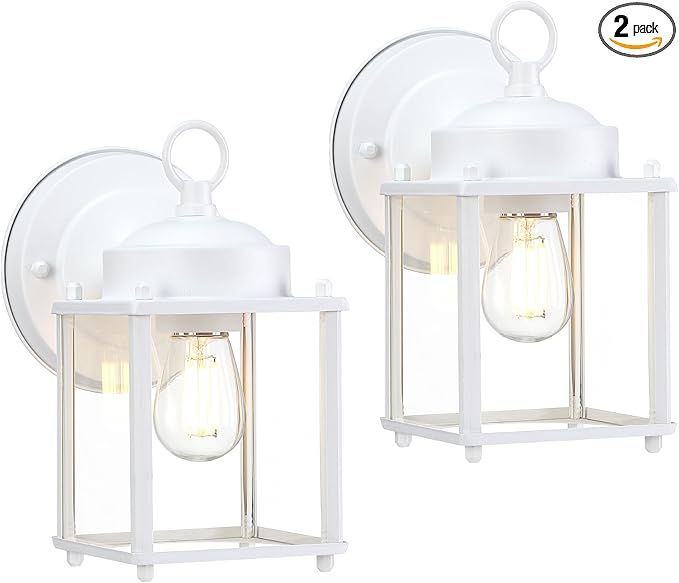 GRUENLICH Outdoor Wall Sconce, Exterior Wall Lighting Fixtures with Clear Glass, Front Porch Lighting, Anti-Rust Outside Lights for Patio, Doorway, White, 2 Pack
