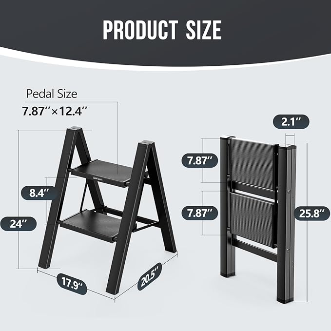 WOA WOA Step Ladder, Folding Step Stool with Widening Pedals, Portable Lightweight Home Ladder, Kitchen Stepladder, Easy to Store, Space Save 300 lbs Capacity (2 Step, Black)
