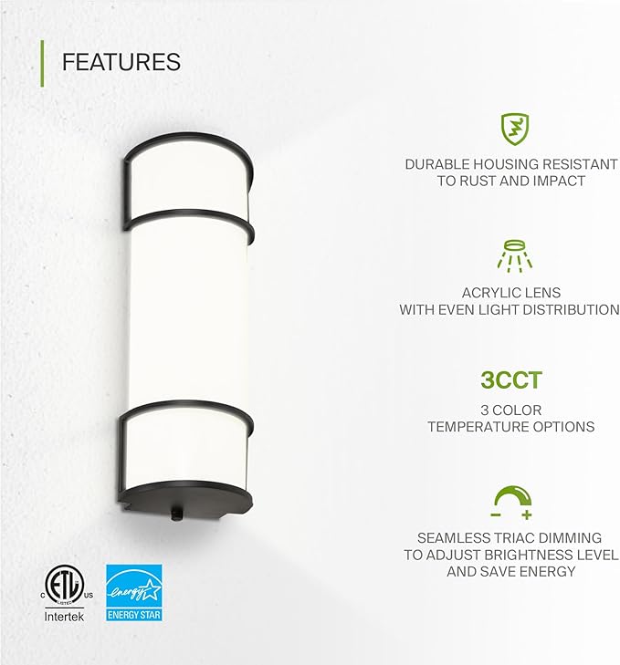 ASD LED 18" Vanity Flush Mount Light Fixture, Linear Bathroom Lighting Bar | 3CCT, Dimmable, Energy Star, ETL Listed | 20W 1650LM 3000-5000K 120V | Long Tube Bath Wall Sconce Over Mirror | Black