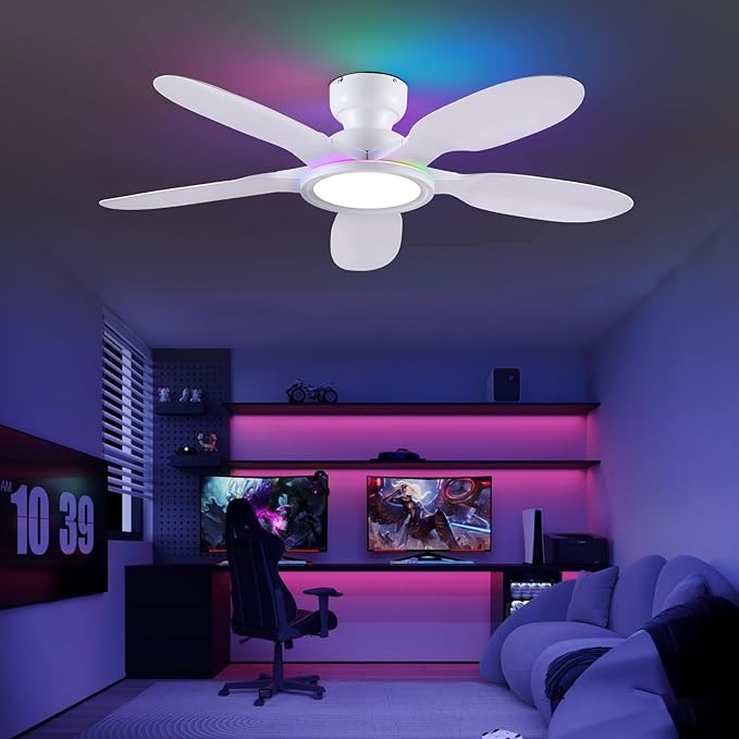 52 Inch Ceiling Fans with Lights and Remote/APP Control, Low Profile Ceiling Fans with Dimmable White + RGB Ring Lights, 6 Speeds 5 Curved Blades for Kids Room Bedroom Bar, White