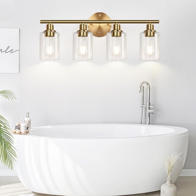 4-Light Bathroom Light Fixtures, Brushed Gold Modern Vanity Lights Over Mirror with Clear Glass Shade, Bathroom Wall Lamp for Mirror Kitchen Living Room Hallway Cabinet Porch Bedroom Reading room