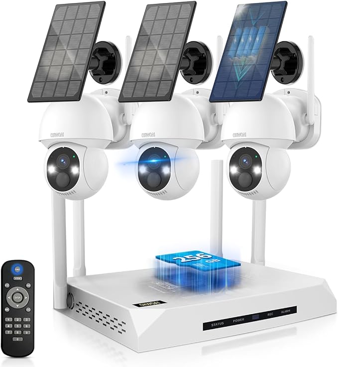 《100% Solar Powered & 2-Way Audio》Outdoor Wireless PTZ Camera System, 4MP Solar Powered Battery Cameras,Home Video Surveillance, Surveillance DVR Kits