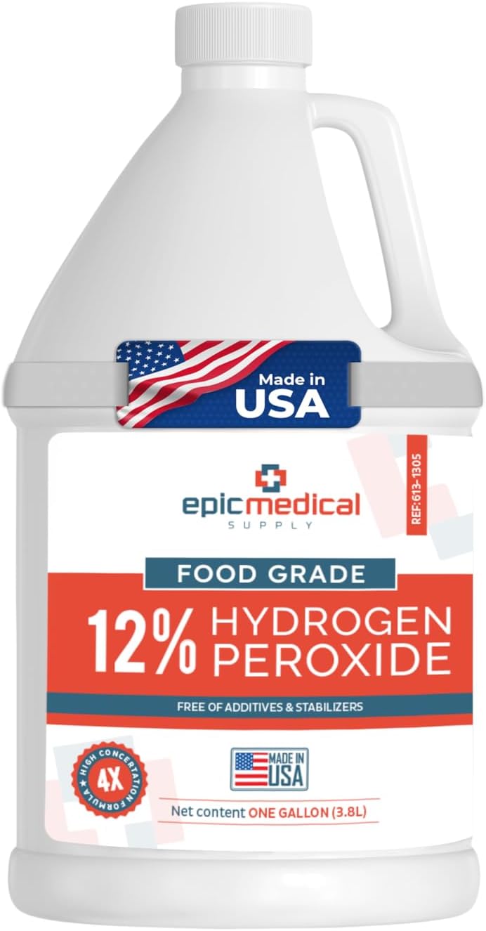12% Food Grade Hydrogen Peroxide – Ultra-Concentrated H2O2 Peroxide Cleaner – 1 Gallon Bottle – Bleach Alternative for Household Cleaning, Laundry, Glass & More – Made in USA (1)
