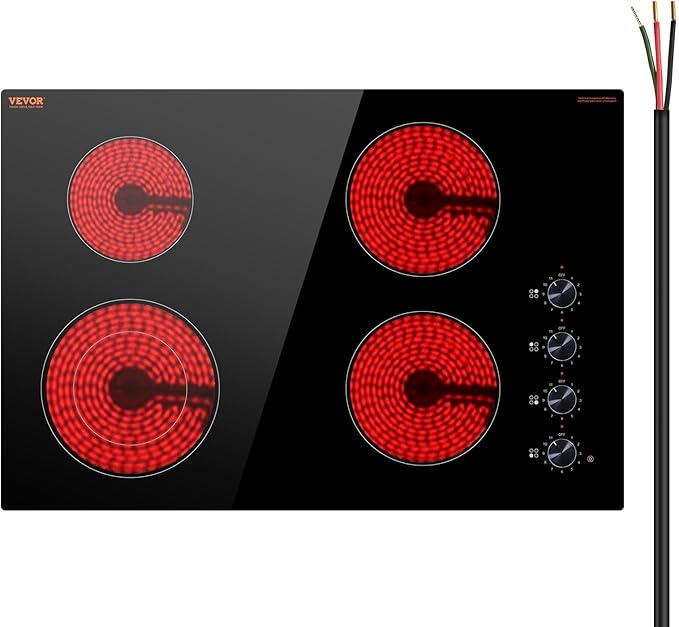 VEVOR Electric Ceramic Cooktop, Built-in Electric Stove Top, with Glass Panel, Knob Control, 11 Heat Levels, for Diverse Cooking Requirements (30inch-4burners/220V)