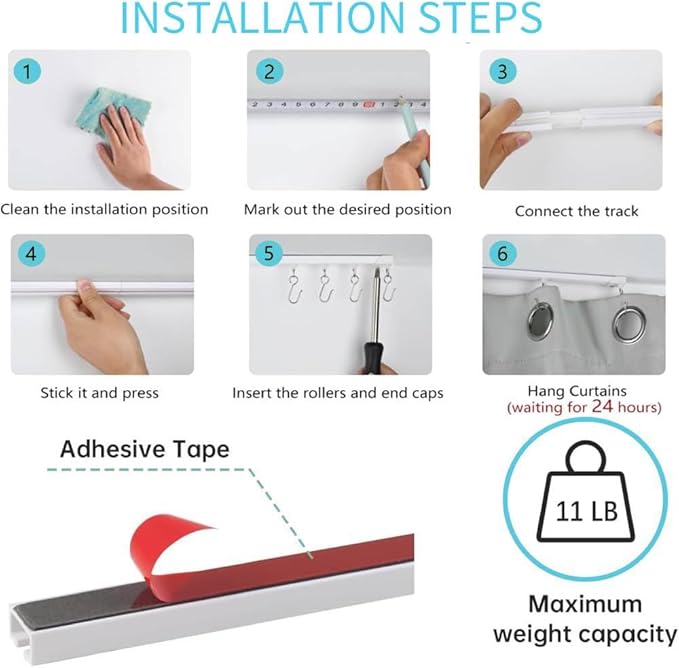 Self Adhesive Ceiling Or Wall Curtain Track 12FT No Drill Rod, No Damage Curtain Track Hangers, Adhesive Curtain Rod For Windows Cabinet Closet Bathroom Shower