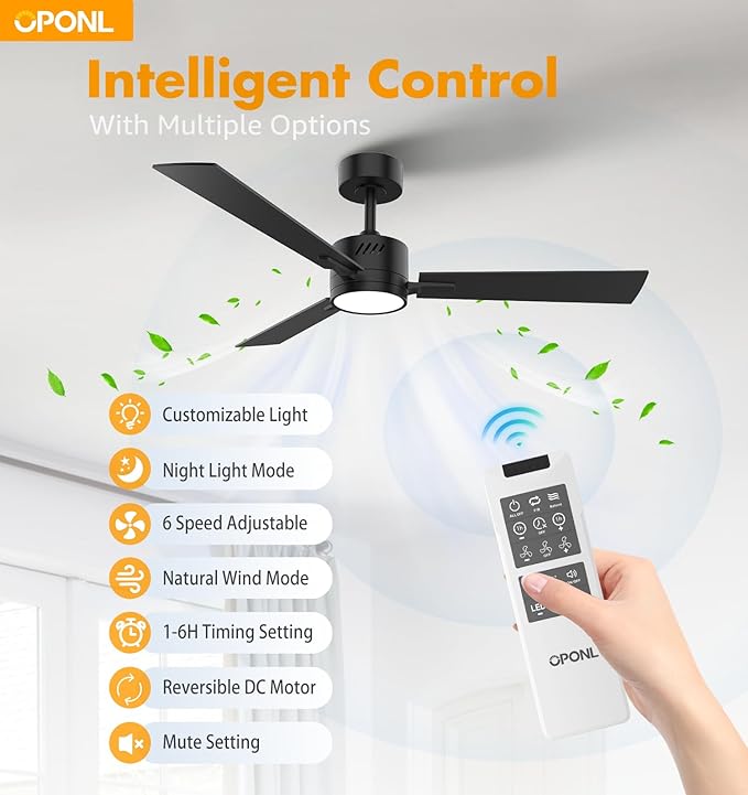 42" Black Ceiling Fan with Light, Remote Control, Downrod Mount, Noiseless, Reversible, 6CCT, Dimmable, 6 Speeds, Timeable, Ceiling Fan with Remote Control for Bedroom, indoor/outdoor