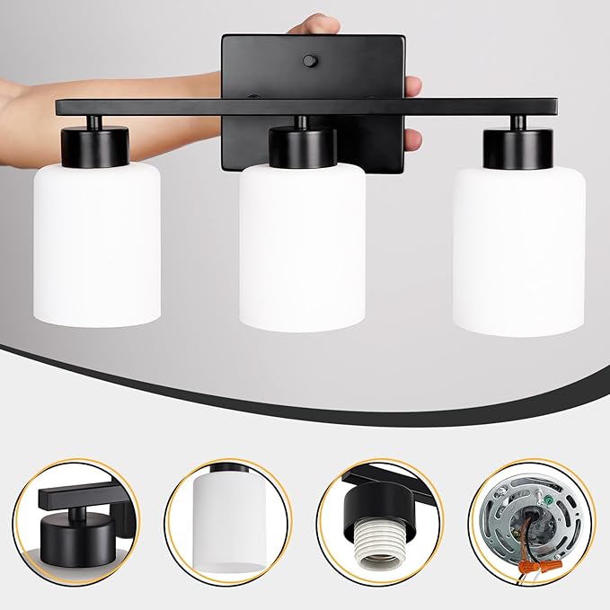 Black Bathroom Light Fixtures, 3-Light Modern Vanity Light Over Mirror, Wall Sconces with Milky White Frosted Glass Shades, E26 Socket (Bulbs Not Included)